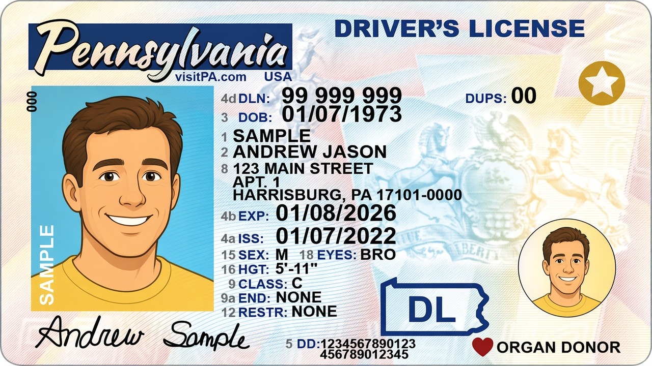 Sample photo ID for scrap metal Cedar Rapids yards — cartoon example only; real government photo ID required for payout